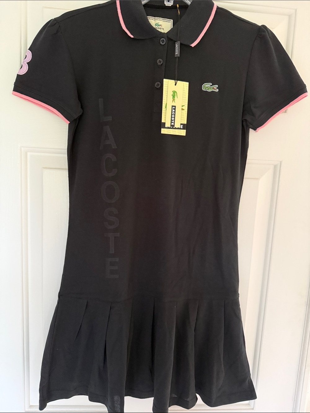 Lacoste Women’s Navy Polo Dress with Pink Collar Trim - Size M